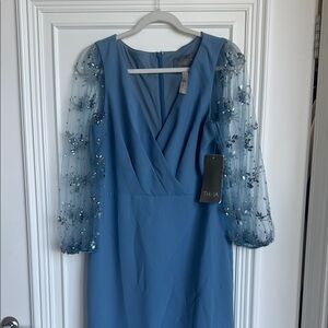 Theia Blue Embellished V-Neck Cocktail Dress